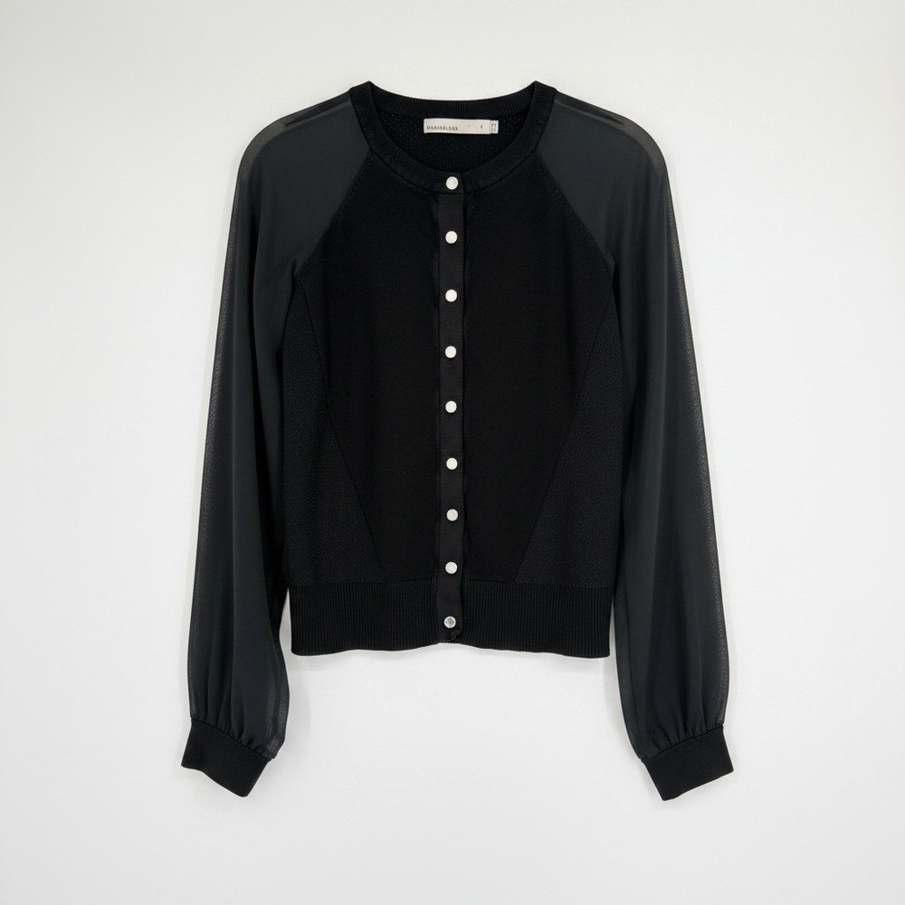 Karen Millen Sheer‎ Sleeve Cardigan Mesh Knit Ribbed Button Front Black Size 3 S